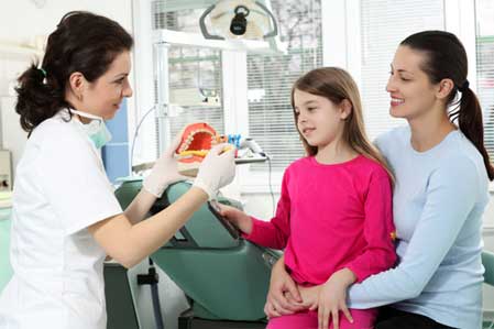 Dentist showing mouth prop to child and mother